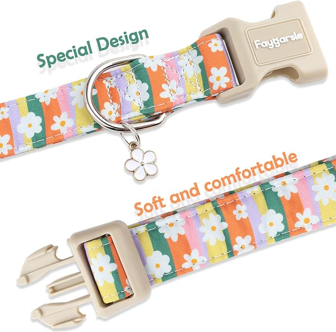 Faygarsle Colorful Floral Dog Collar, Cotton Fabric with Daisy Pattern, Multi-Color Stripes Spring Summer Design for Small Medium Large Dogs XS