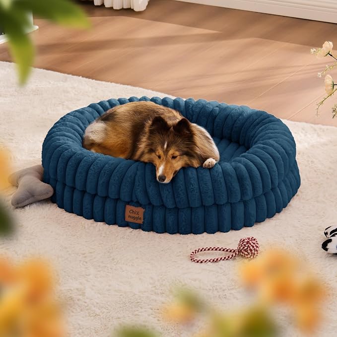 ChiXnuggle Orthopedic Dog Bed for Medium Dogs, Waterproof Faux Rabbit Fur Dog Couch with Egg Crate Foam Support and Washable Removable Cover, Bolster Pet Sofa with Non-Slip Bottom, 30x24x7, Navy