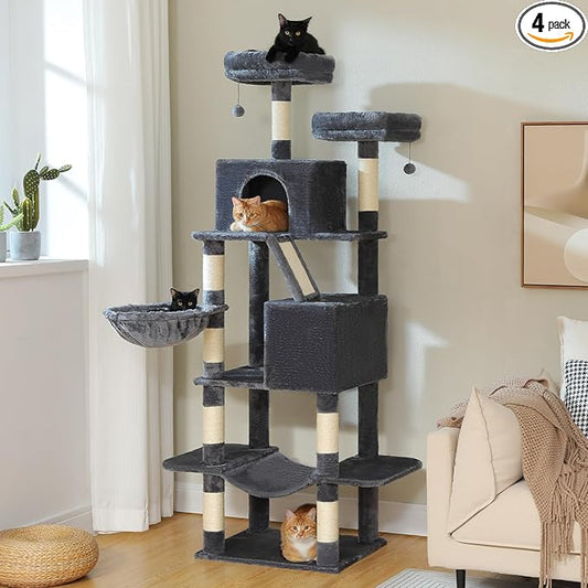 MUTTROS 70.8" Tall Cat Tree for Large Cats, Multi-Level Cat Tower with 8 Sisal Scratching Posts, 2 Top Perches, Big Condo, Large Hammock, and Cat Furniture for Indoor Cats, Dark Gray