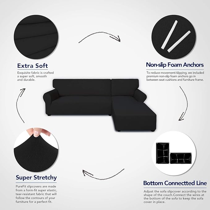 PureFit Super Stretch Sectional Couch Covers - 2 pcs Non Slip Sofa Covers with Elastic Bottom for L Shape Sectional Sofa Couch, Great for Kids & Pets (3 Seat Sofa + 3 Seat Chaise, Black)