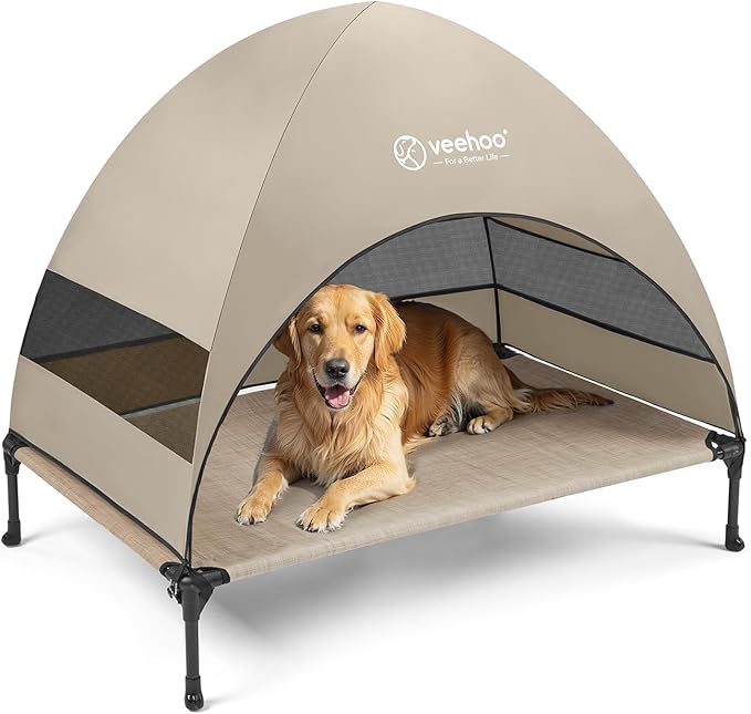 Veehoo Outdoor Dog Bed with Canopy, Cooling Elevated Dog Bed with Removable Shade, Non-Slip Feet, Raised Dog Cot Bed for Large Dogs, Dog Tent Bed for Camping, Beach, Large, Beige Coffee CWC2411