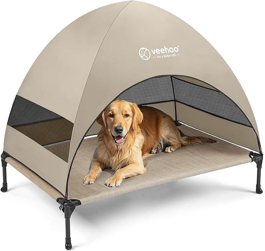 Veehoo Outdoor Dog Bed with Canopy, Cooling Elevated Dog Bed with Removable Shade, Non-Slip Feet, Raised Dog Cot Bed for Large Dogs, Dog Tent Bed for Camping, Beach, Large, Beige Coffee CWC2411