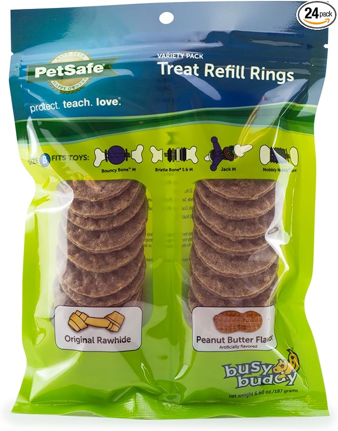 PetSafe Rawhide Treat Ring Refills, Variety Pack, Size B, Original Rawhide and Peanut Butter Flavor, Replacement Treats Busy Buddy Treat Ring Holding Toys