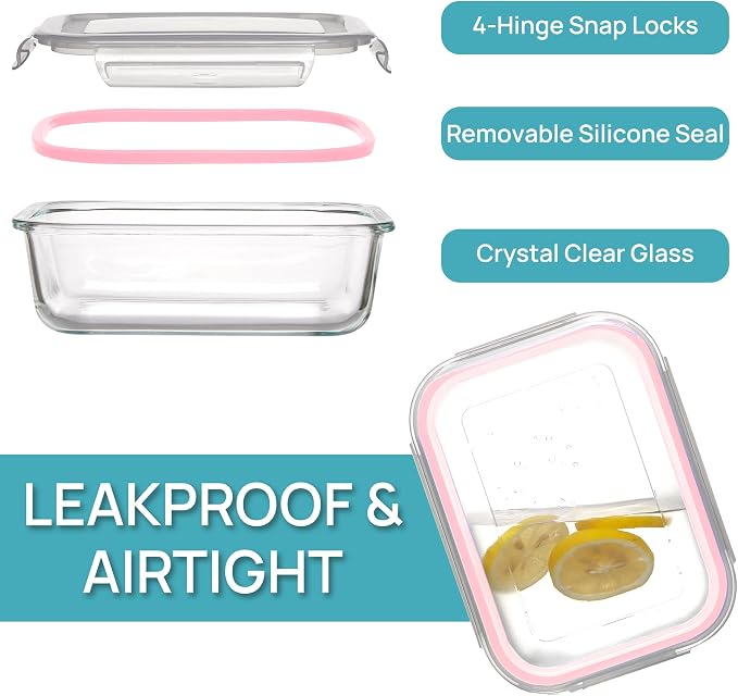 Vtopmart 5Pack 22oz Glass Storage Containers with Lids, Glass Meal Prep Food Container Sets with Snap Airtight Lids for Microwave, Oven, Freezer and Dishwasher, Pink