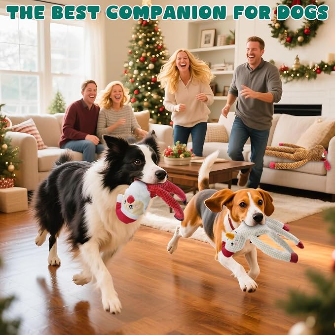 Christmas Dog Toys Squeaky 3-Pack Crinkle Sound Paper Tail | Interactive Puppy Teething Chew Toy Deer snowman santa Claus Shape no Stuffing,Keep Them Busy, Large Medium Small Breeds