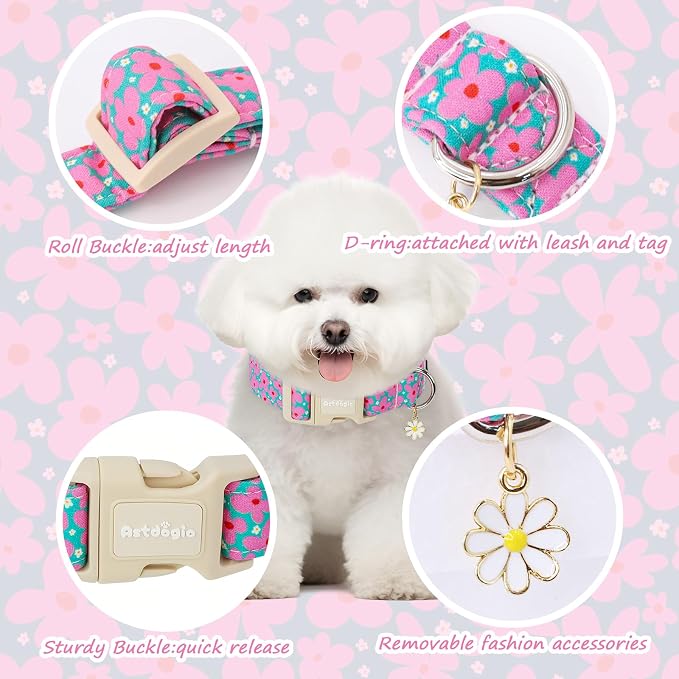 Cotton Floral Dog Collar,Green Dog Collar with Pink Flower, Adjustable Puppy Dog Collars for Small Medium Large, Cute Girl or Boy Dog Collar Ideal for Gifts,Pet Accessory,S