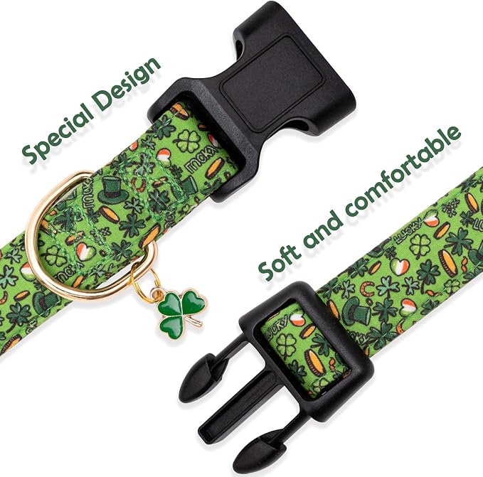 Faygarsle St Patrick's Day Dog Collar Cute Holiday Collar for Small Medium Large Dogs Green Trefoil Print Lucky Straw Cotton Dog Collar M