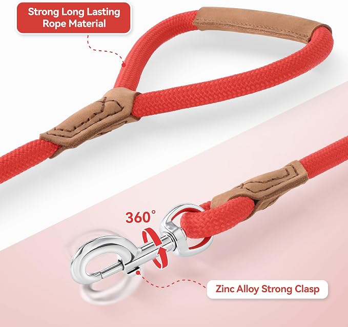 Mile High Life Leather Dog Leash, Heavy Duty Strong Genuine Leather Handle Rope Leash Soft and Comfortable for Small Medium Large Dogs (Red, 48 Inch)
