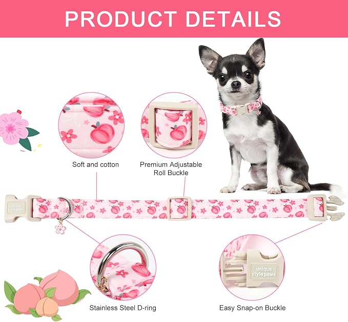 Unique style paws Dog Collar Plastic Buckle with Pendant Puppy Collar for Spring Summer Pink Peach Flower for Small Medium Large Boys Girls Dogs