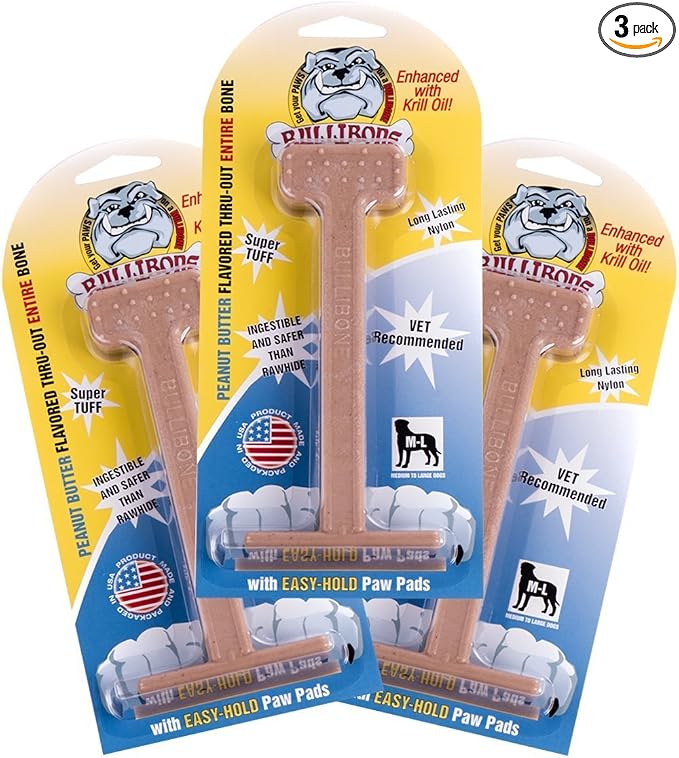 Bullibone Nylon Dog Chew Toy for Aggressive Chewers - Dental Hygiene Bone with Peanut Butter Flavor, Durable Tough Chew Toys for Large Dogs, Indestructible Dog Bone - 3 Pack