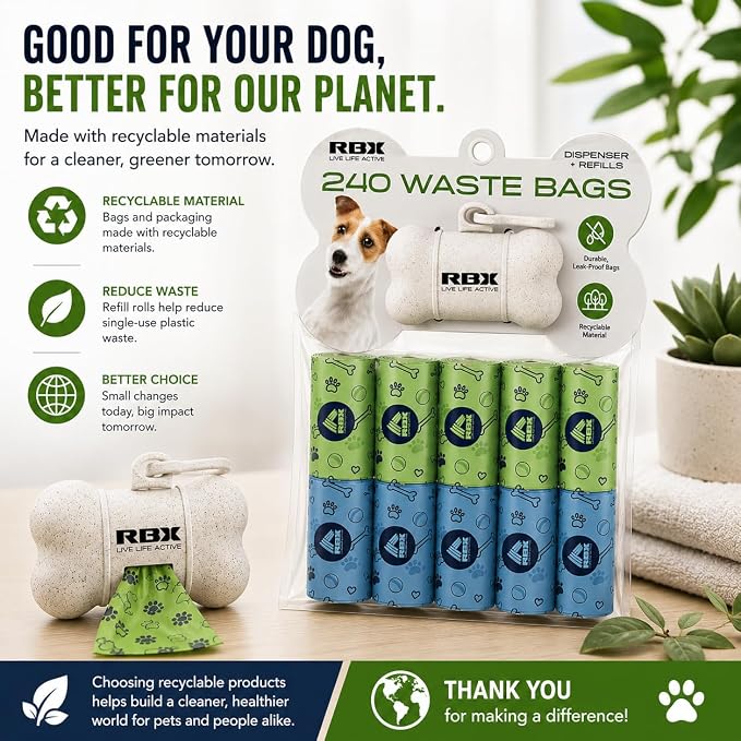 RBX Dog Poop Bags Rolls with Holder for Leash, 240 Poop Bags for Dogs with Clip-On Dispenser, Durable Leak-Proof Waste Bags, 16 Refill Rolls, Recyclable Material