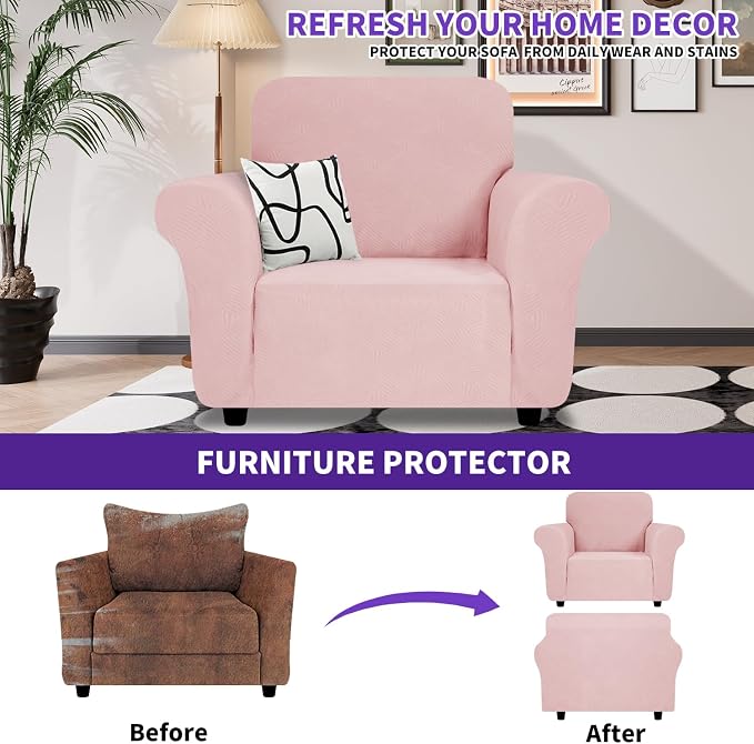 ZNSAYOTX Chair Cover with Arms (30"-47"), New Striped Sofa Chair Covers for Living Room, Dogs Pet Friendly Anti-Slip Chair Protector Spandex Armchair Slipcovers (Rose, Chair)
