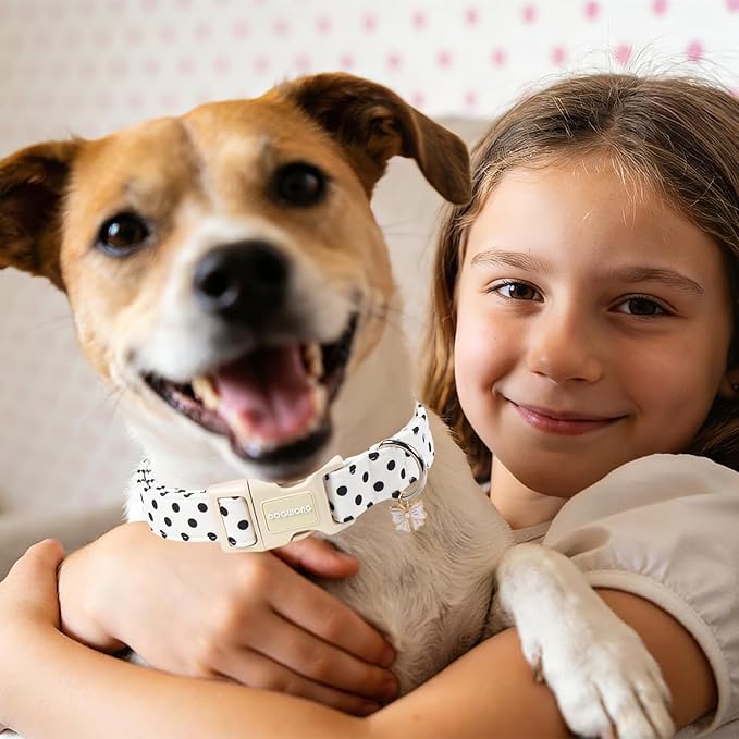 Spring Summer Dog Collar for Girl Dogs- White Polka Wedding Dog Collar, Adjustable Soft Beach Dots Dogs Collars for Small Dogs, S