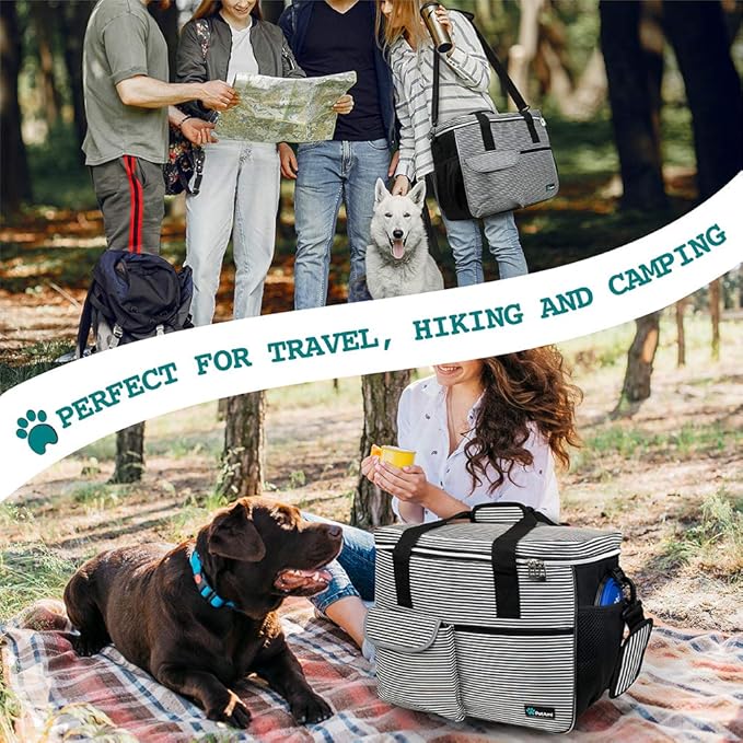PetAmi Dog Travel Bag Organizer, Pet Travel Kit with 2 Food Containers & 2 Collapsible Dog Bowls, Pet Supplies Tote with Luggage Sleeve, Weekend Road Trip Camping Essentials, Stripe Black, Medium