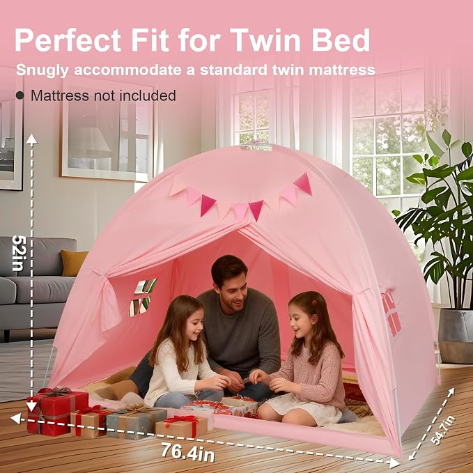 Full Bed Tent Canopy, Indoor Blackout Privacy Toddler Bed Tent for Kids with Light, Portable Sleeping Floor Kids Playhouse (Pink, Full Size)