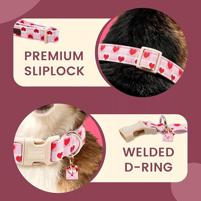 Elegant little tail Valentine's Dog Collar - Pink Plaid Red Heart Dog Collars Cotton Soft Puppy Adjustable Pet Collars with Sturdy Quick Release Buckle for Large Dogs
