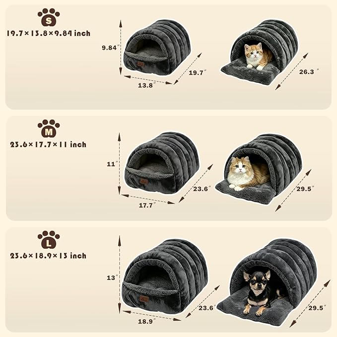 Covered Cat Bed Cave for Indoor Cats, 2-in-1 Enclosed Pet Bed for Kittens with Zippered Washable Cat Mats, Cat House Bed, Dark Grey