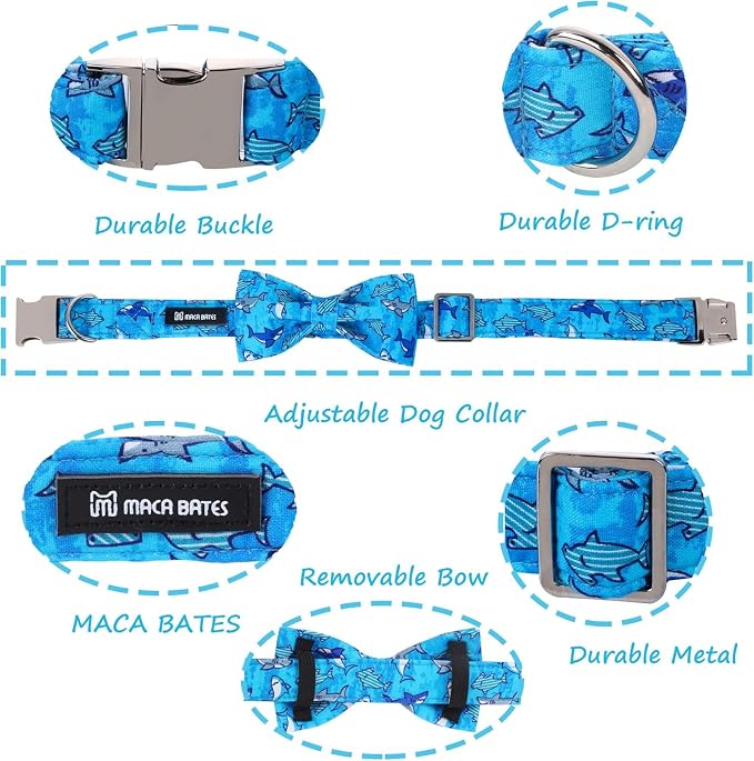 Maca Bates Summer Shark Dog Collar with Bow Tie Cute Blue Puppy Beach Bowtie Collars Sharks Adjustable Durable Soft for Dogs for Girl Boy Male Female Pets with Metal Buckle,Extra Small