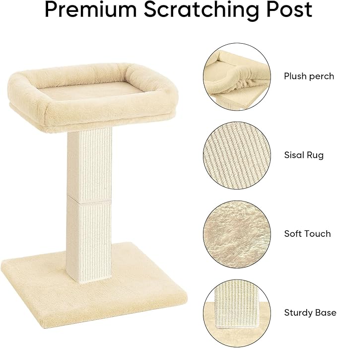 Cat Scratching Post, 32”Cat Scratcher with Large Plush Perch, Sisal & Carpet Scratching Post, Vertical Posts with Elevated Bed for Indoor Cats, Removable& Washable Cover, Beige