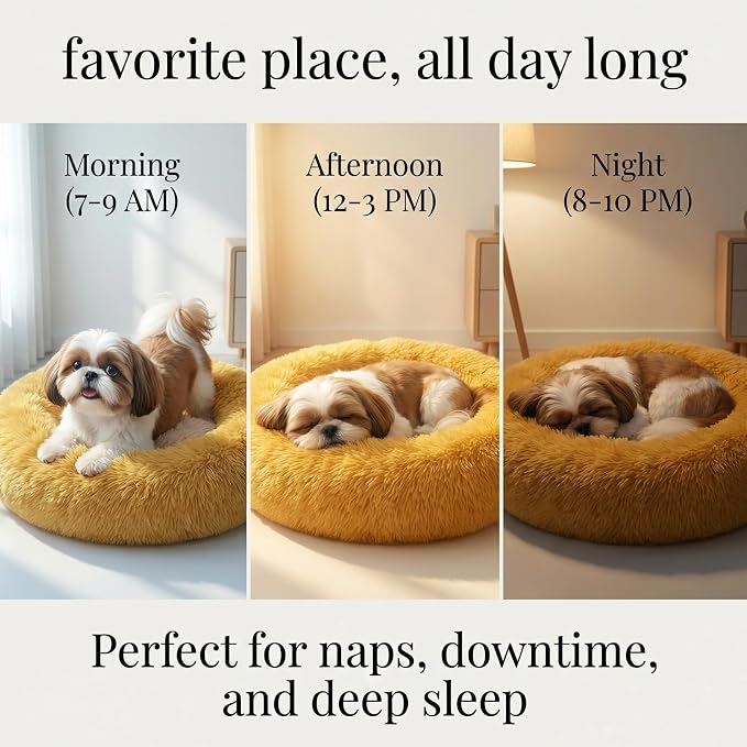 Calming Donut Dogs Beds for Small Dogs Washable,23inch Plush Round Pet Bed for Cozy Sleep,Fluffy Faux Fur Large Cat Bed,Fits up to 25 lbs Pets,Orange