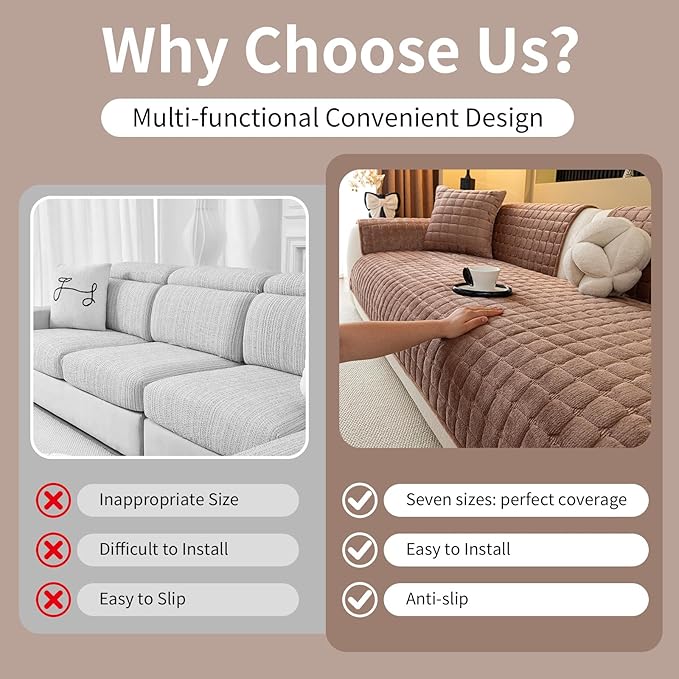 Velvet Couch Cover, Plush Sectional Sofa Cover Washable, Anti Slip Sofa Slipcover for 3 Cushions Sofas, Furniture Protector Covers for Pets & Kids(1PC, Dark Brown, 35.4"×71", 3-Seater)