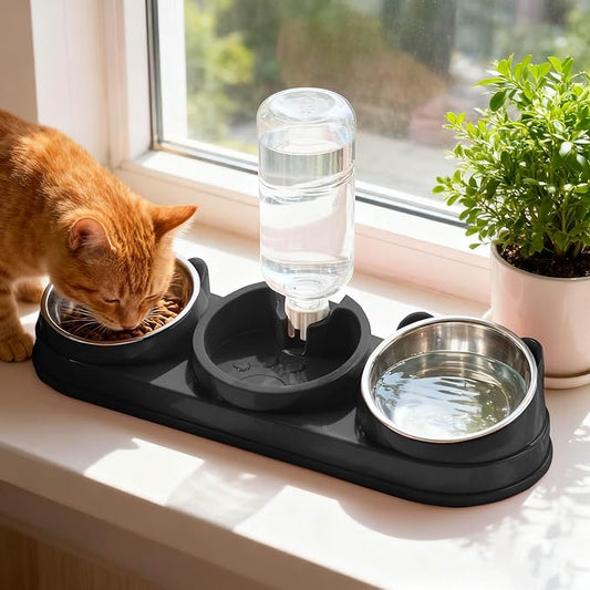 3 in 1 Cat Bowls Pet Feeder with Water Dispenser, 15° Raised Cat Dish Food and Water Bowls Set for Wet/Dry Food, Triple Pet Feeding Station for Rabbit Kitten Bunny (Grey)