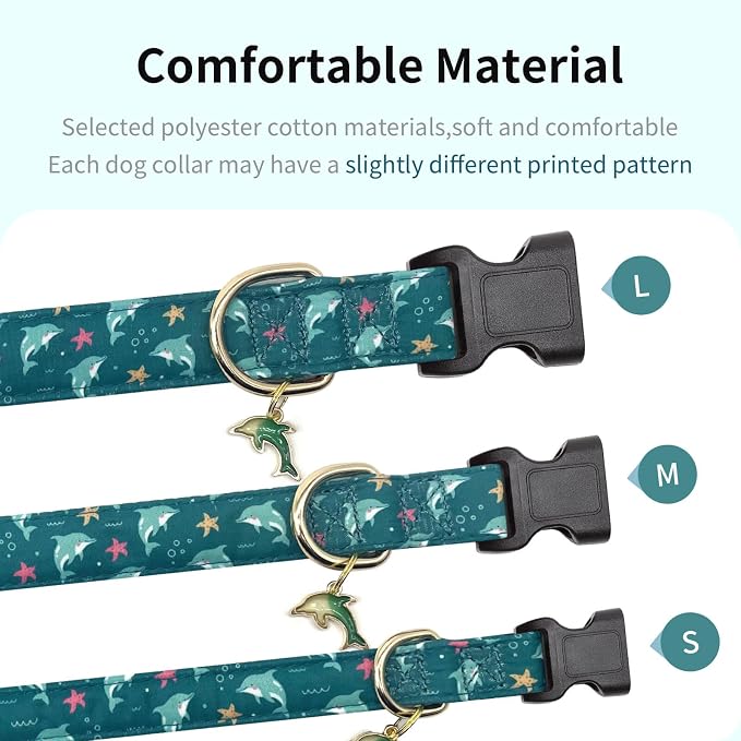 Personalized Dog Collars,Adjustable Puppy Collars with Safety Buckle for Small Medium Large Dogs,Cute and Unique Pink Cherry Pattern Pet Collar for Boy Girl Dogs. (Green Dolphin, L)