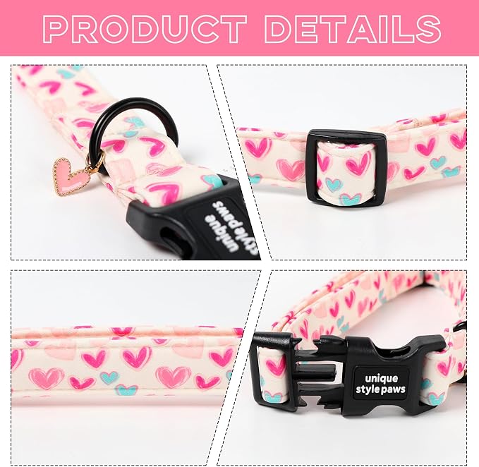 Unique Style Paws Valentine Dog Collar Plastic Buckle with Pendant Beige Colorful Heart Cotton Puppy Collars for Small Medium Large Dogs