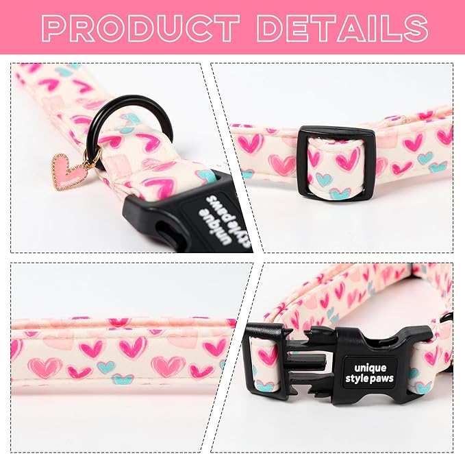 Unique Style Paws Valentine Dog Collar Plastic Buckle with Pendant Beige Colorful Heart Cotton Puppy Collars for Small Medium Large Dogs