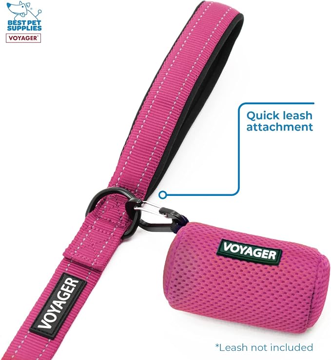 Best Pet Supplies Dog Poop Bag Holder Leash Attachment with 15 Bags, Fuchsia, Reusable Mesh Dispenser Pouch for Travel, Walking, Park, and Outdoor Use, Soft and Durable with Clip-On (Pack of 3)