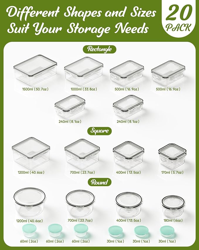 40 Piece Food Storage Containers with Lids(20 Containers & 20 Lids), BPA-Free Plastic Food Containers for Kitchen Storage and Organization, Leak Proof Meal Prep Container, Includes Labels & Pen