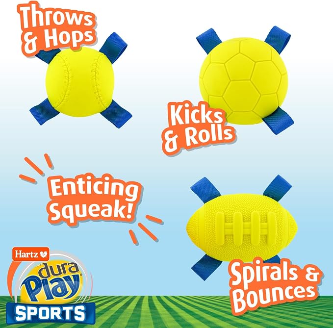 Hartz Dura Play Sports Ball Variety Dog Toy, Bacon Scented Squeaky Latex Yellow & Blue Toy, 3 Count