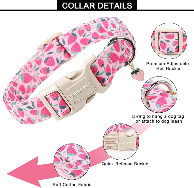 ARING PET Strawberry Dog Collar, Cute Spring Summer Pink Puppy Pet Collars for Small Medium Large Female Girl Dogs-XL