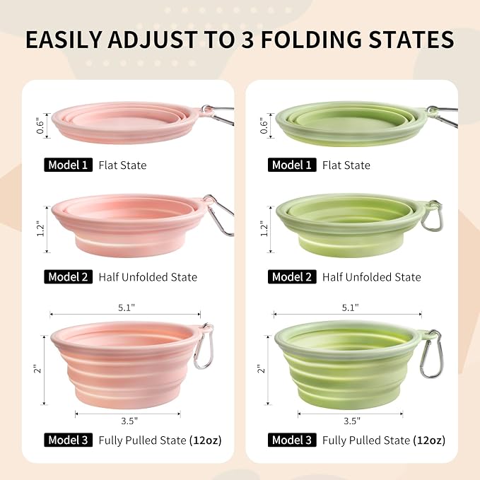 Collapsible Dog Bowls 2-Pack, Portable Travel Dog Bowl with Carabiner, Food-Grade Silicone Pet Bowl for Hiking, Walking (Macaron Pink and Green)