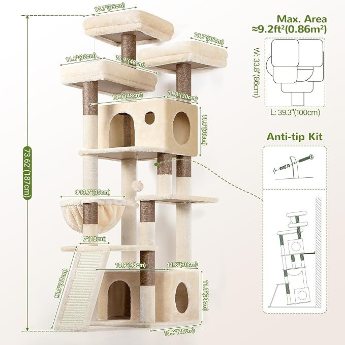 Globlazer Heavy Duty Cat Tree, 73inch Sturdy Cat Tower with Scratching Post for Indoor Multiple Cats, Maine Coon Cat Tree with Cat Perch, Basket, Cat Condo for Adult Cats Kittens, F73C, Beige