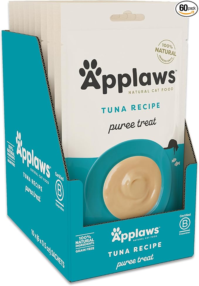 Applaws Lickable Cat Treats, Natural Grain-Free Purée, Made with Limited and Natural Ingredients, No Artificial Additives, Tuna Squeeze Up Cat Treats (60 x 0.5 oz Sachets)