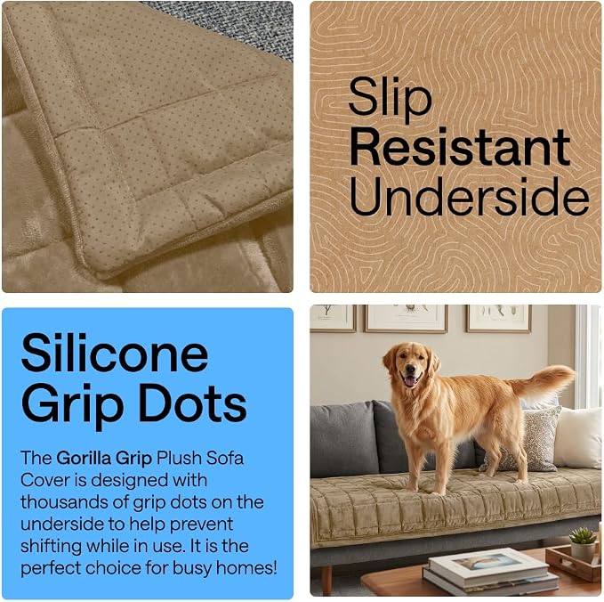 GORILLA GRIP Slip and Leak Resistant Plush Quilted Recliner Cushion Cover Blanket, Soft Couch Covers for Sofa Dogs, Machine Washable Furniture Protector Pet Friendly Couches, Beige, 28x28 Inches