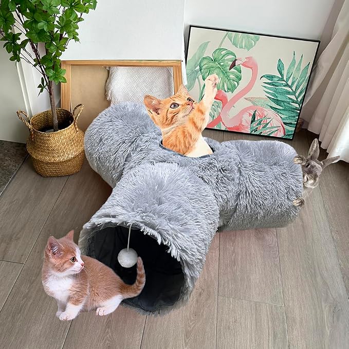 3-Way Collapsible Cat Tunnel Tube Toy Grey Plush — Interactive Play Tunnel with Hanging Ball & Peek Hole for Indoor Cats, Kittens, Puppies & Rabbits | Hours of Fun & Exercise