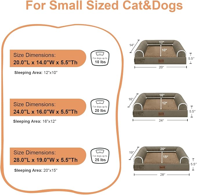 Small Dog Bed Orthopedic Washable: Beds Bolster Small Sized Dogs Bed Egg Crate Foam Couch Sofa Waterproof with Removable Cover - Brown