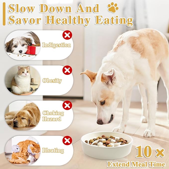 Ceramic Slow Feeder Dog Bowls, 1.5 Cups Dog Food Dish for Medium and Large Breed, Puzzle Dog Food Bowl for Fast Eater, 28OZ, 8.15 inch(Beige)