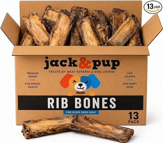 Jack&Pup 6” Rib Bones for Dogs (13 Pack) – Natural Single Ingredient Beef Bones for Dogs, High Protein Long-Lasting Dog Chews, Flavorful Real Beef Bones