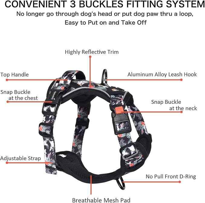 Petmolico No Pull Dog Harness Set with Leash Attachment Easy Control Handle Reflective Harness Vest Small Breed, Puppy Vest and Leash Set with Poop Bag Holder, Medium - Rainforest Flower