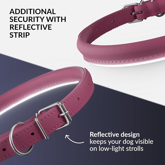 CollarDirect Reflective Rolled Leather Dog Collar, Soft Padded Round Puppy Collar, Handmade Genuine Leather Collar Dog Small Large Cat Collars 13 Colors (13-16 Inch, Pink Reflective)