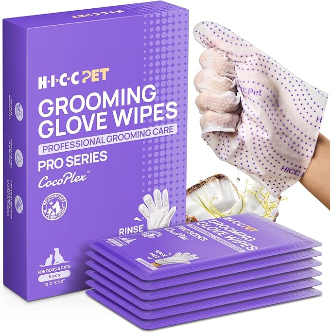 HICC PET Glove Wipes Pro Series for Dogs & Cats, Extra Thick Dual-Textured Grooming Wipes, Rinse-Free Shampoo Mittens for Quick Cleaning & Deodorizing, Perfect for Travel, Portable 6 Pack-Unscented