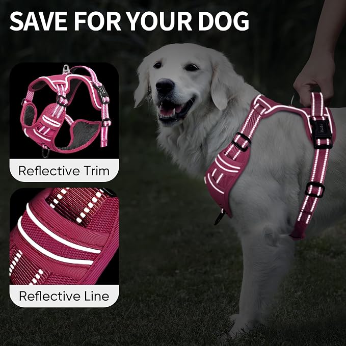 HEELE Dog Harness for Large Dogs No Pull Dog Vest Harness for Large Dog with Soft Padded Handle Reflective for Outdoor Training, Rose(Matching Trim), XL
