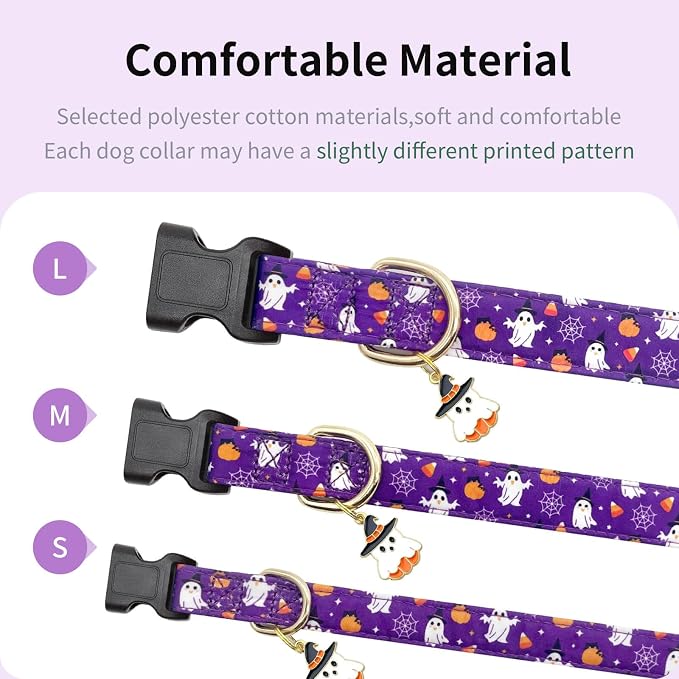Fall Dog Collar,Soft and Cute Halloween Collars with Ghost Patterned Design for Girl Female Boy Dogs,Adjustable Buckle Pet Collar for Small Medium Large Dogs (Purple Ghost, L)