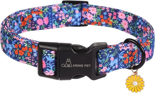 ARING PET Floral Dog Collar, Cute Blue Pink Orange Spring Summer Flower Doggy Pet Collars for Puppy Small Medium Large Girl Female Dogs-M