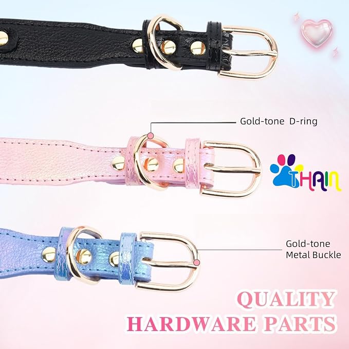 THAIN Fashion Dog Collar with Bling Diamonds & Heart Charm – 5 Holes Adjustable PU Leather Rhinestones Necklace Collar, Gold Buckle for Small Dogs Girl boy (Black, XS)