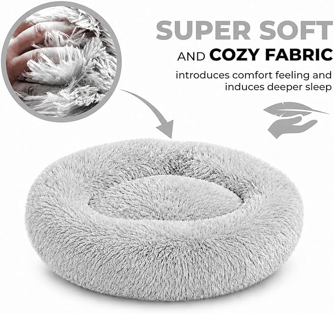 Whiskers & Friends Cat Beds for Indoor Cats, Fluffy Calming Donut Cat Bed, Small Dog Bed Washable - Orthopedic Soft Plush Pet Beds Sized for Kitten to Large Cats & Puppy to Small Dogs, Light Grey 23''