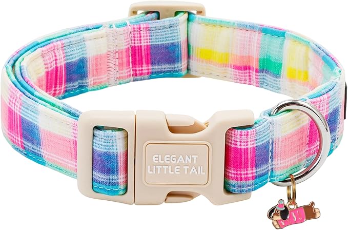 Elegant Little Tail Summer Dog Collar, Pink Plaid Pattern Soft Cotton Pet Collars with Sturdy Quick Release Female Adjustable Pet Collar for Small Medium Large Dogs
